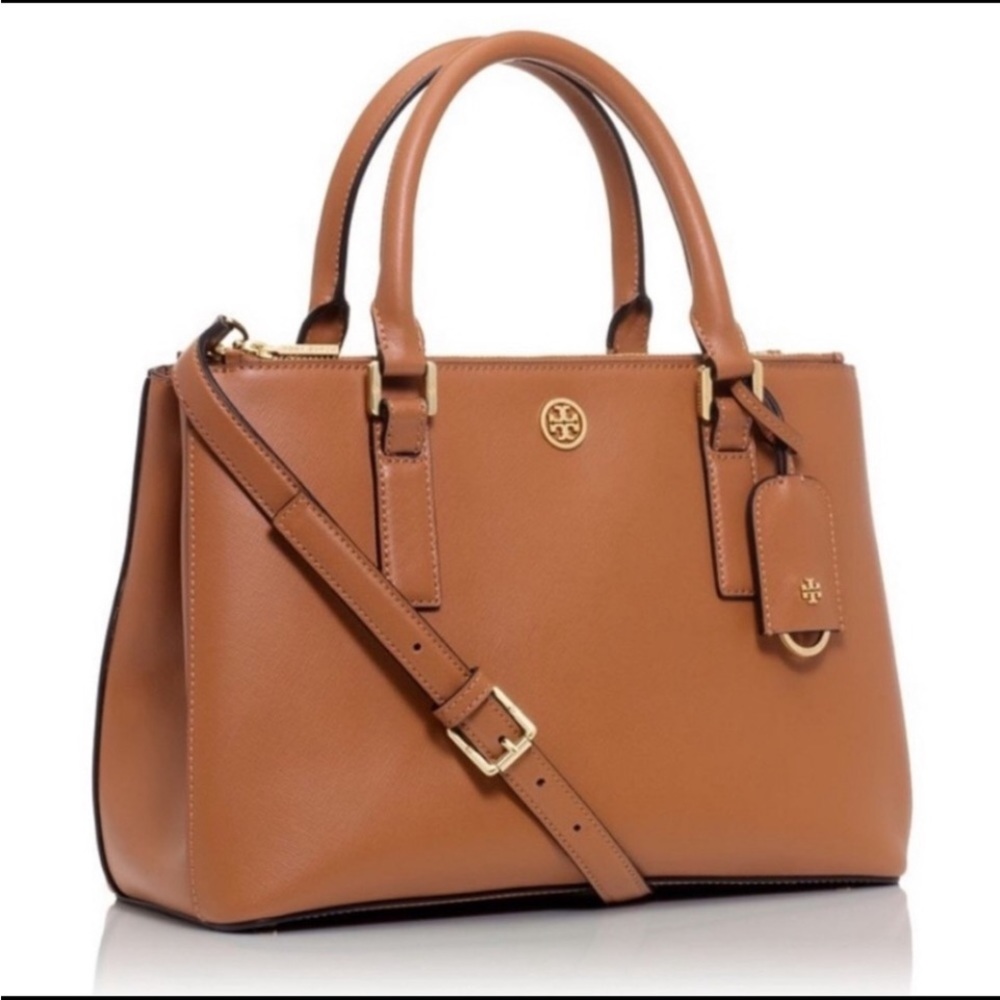 NWT! Brown Tory Burch Robinson mini double zip tote in saffiano leather.